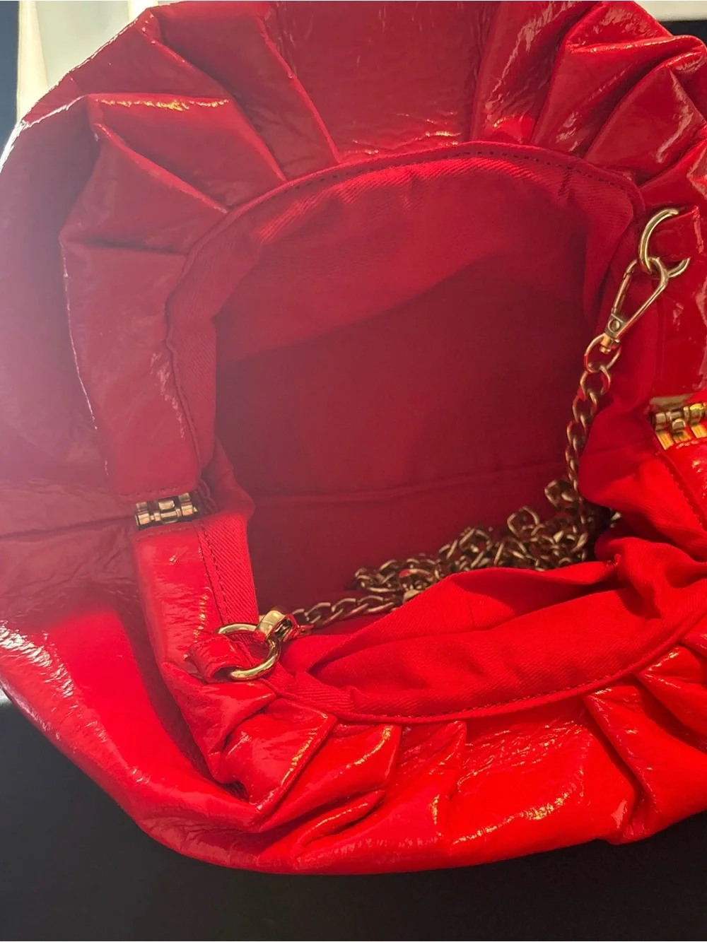Anthropologie Red Gathered Frame Wristlet with Gold Chain